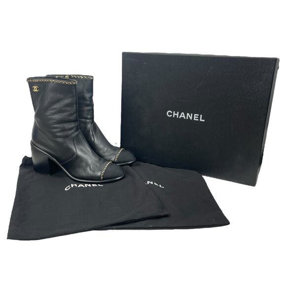 Chanel Coco Mark Logo Cap Toe Chain Short Leather Boots Black Size 39 - Picture 15 of 16